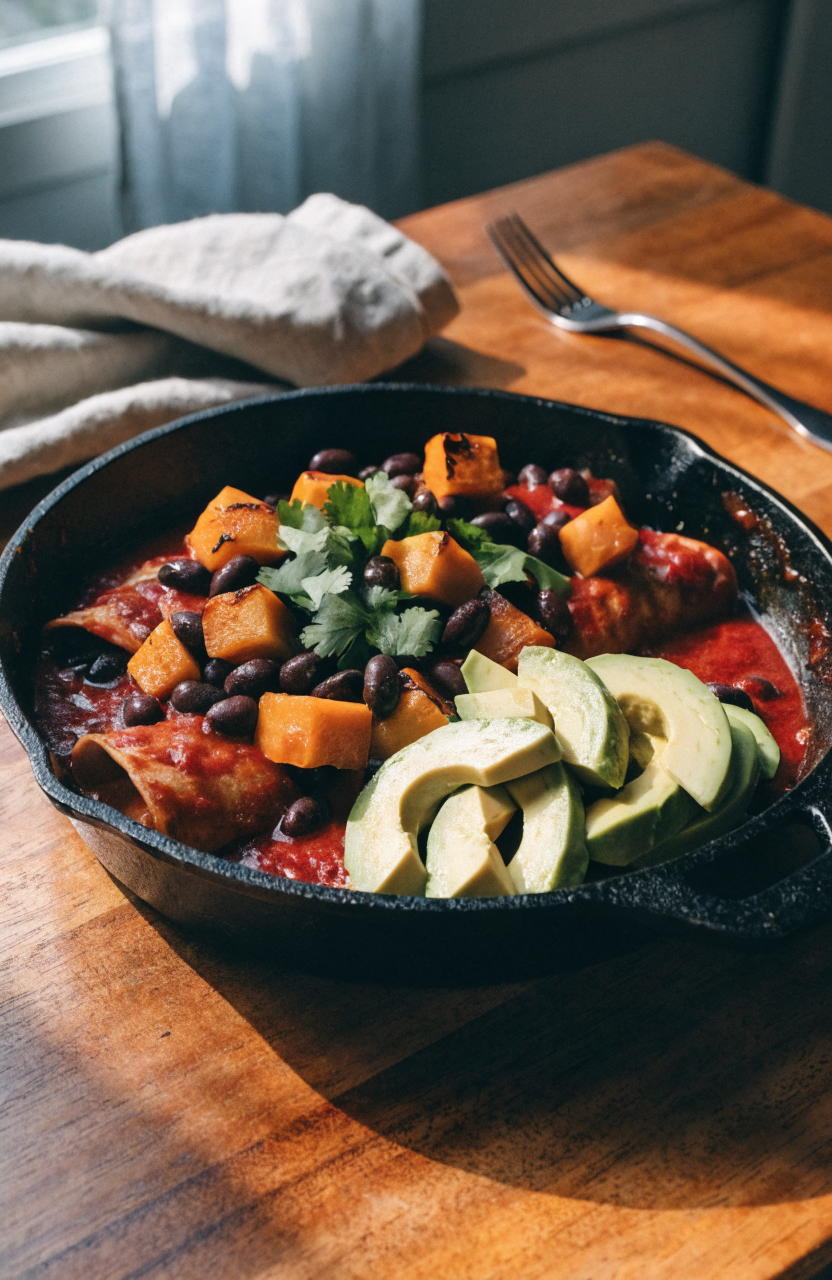 Black bean enchilada skillet served in a 12-inch pan with cilantro and avocado.
