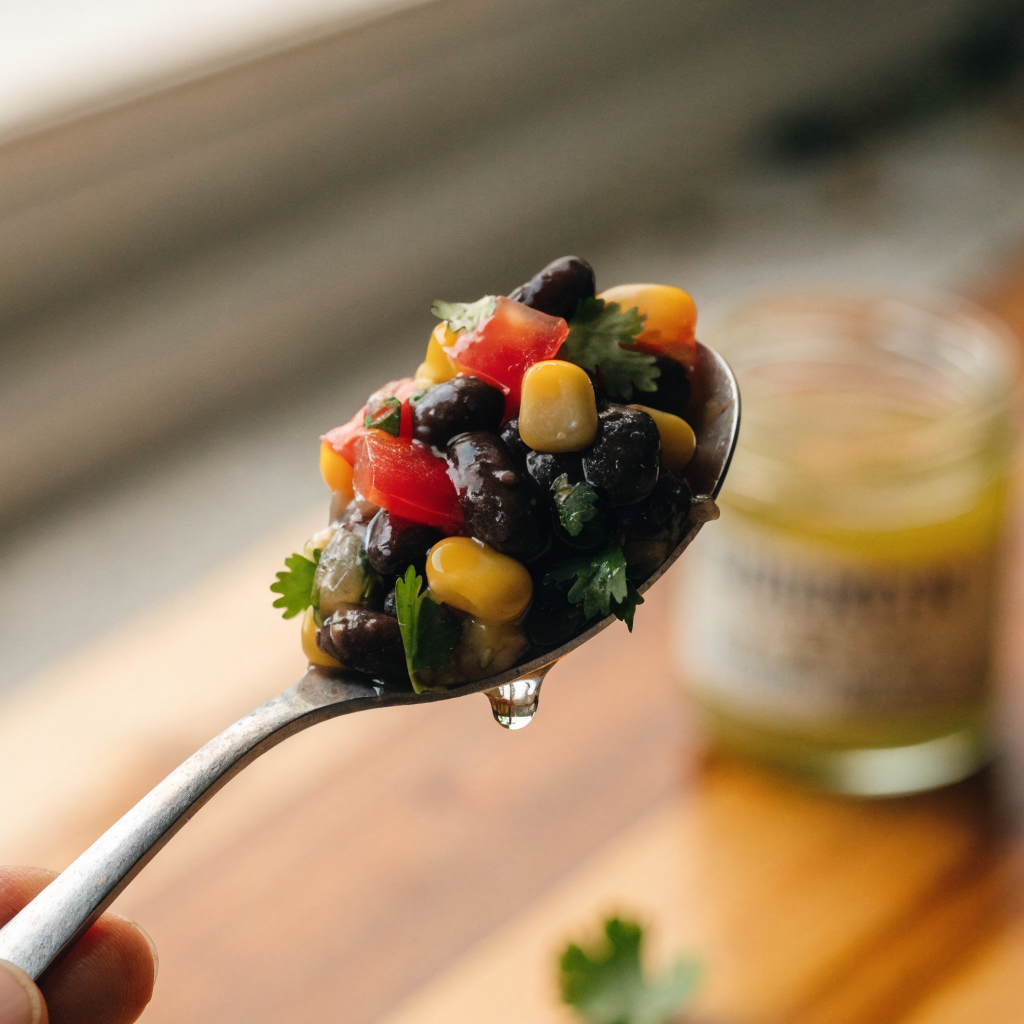 Close-up of crisp cowboy caviar with lime-cilantro vinaigrette