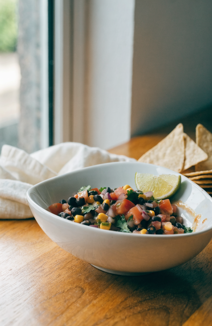 Cowboy caviar in a shallow bowl with cilantro garnish and lime wedge