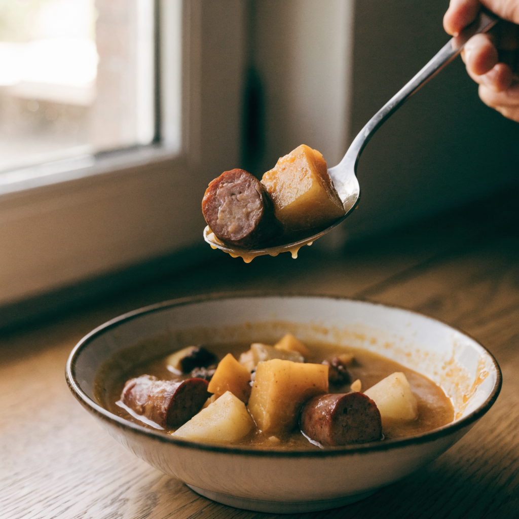 Close-up of harvest stew with smoked sausage