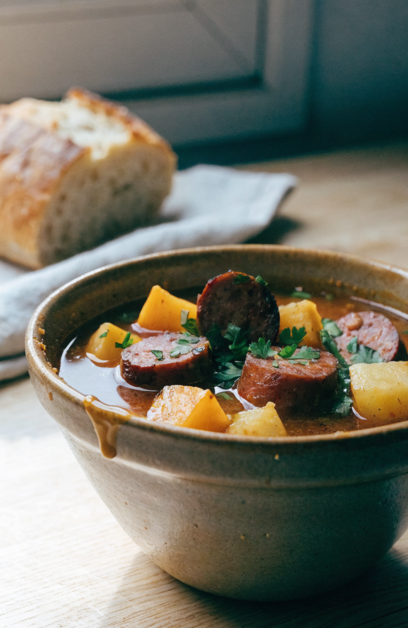 Bowl of harvest stew with smoked sausage and winter squash showcasing a glossy broth
