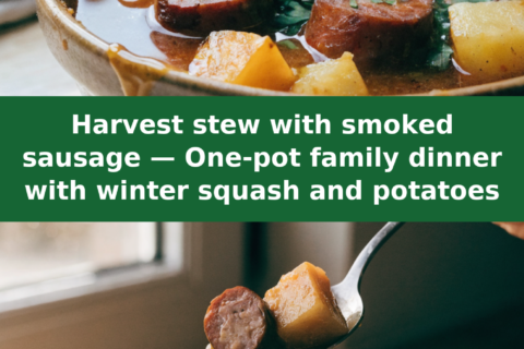Harvest stew with smoked sausage — One-pot family dinner with winter squash and potatoes Pinterest recipe pin