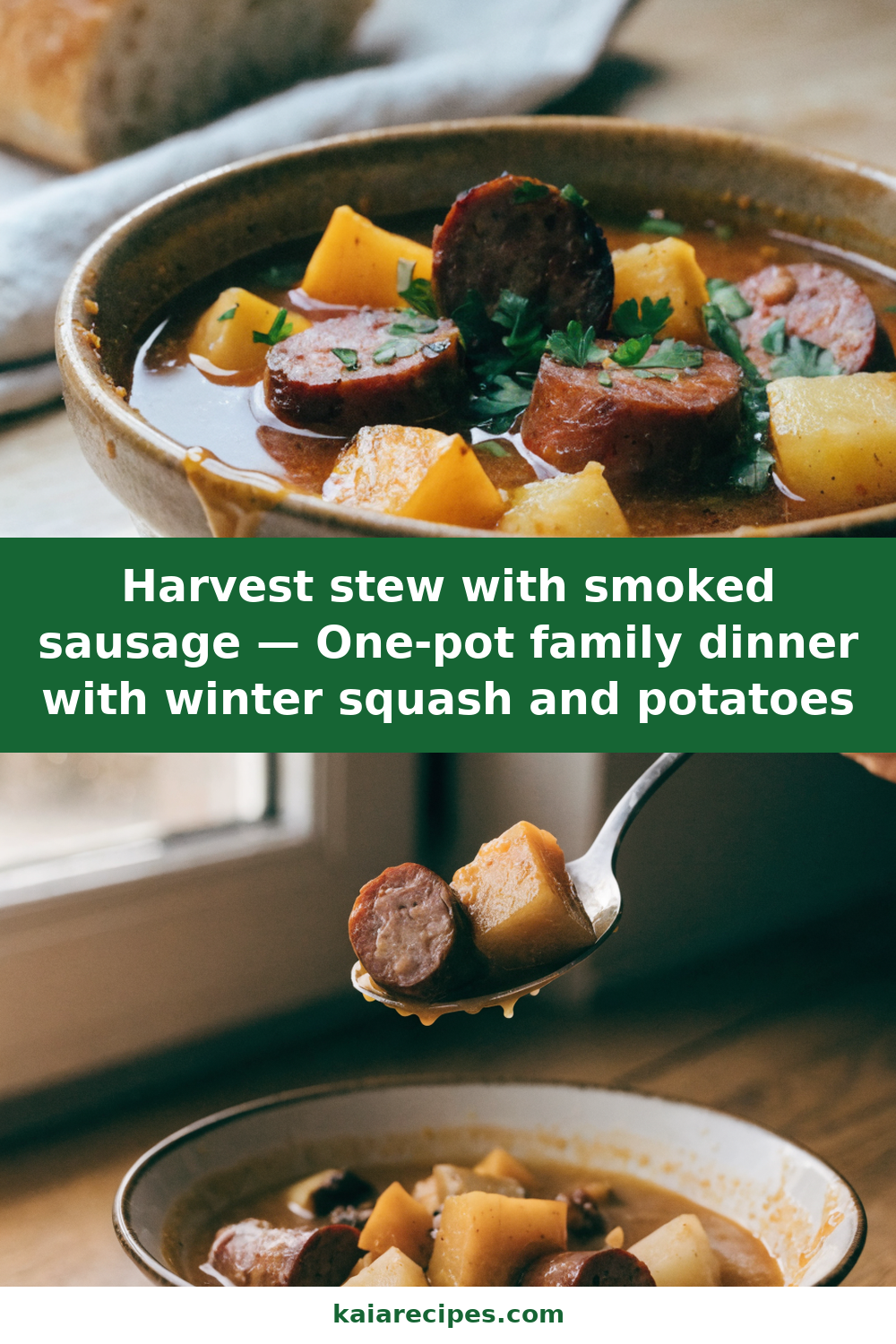 Harvest stew with smoked sausage — One-pot family dinner with winter squash and potatoes Pinterest recipe pin