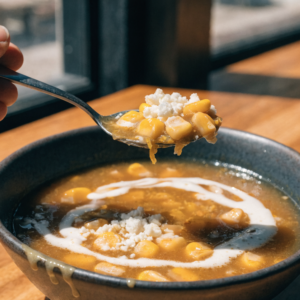 Close-up of slow-cooker mexican street corn soup