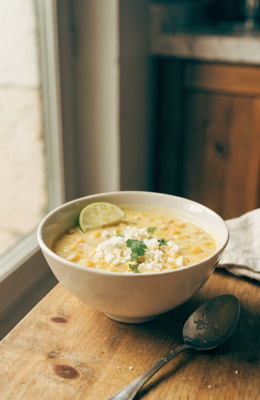 Bowl of Mexican street corn soup garnished with cotija and cilantro