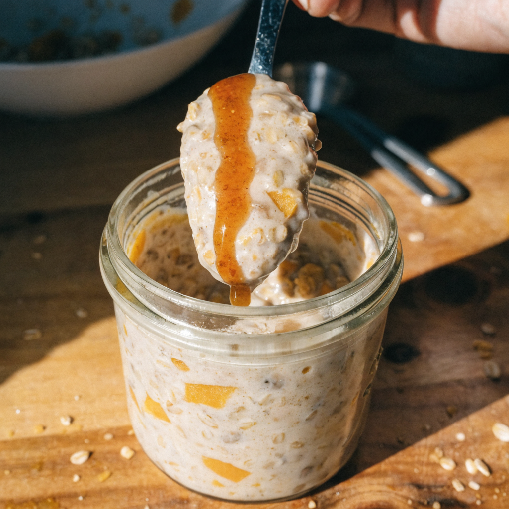 Close-up of pumpkin pie overnight oats (vegan, gluten-free)