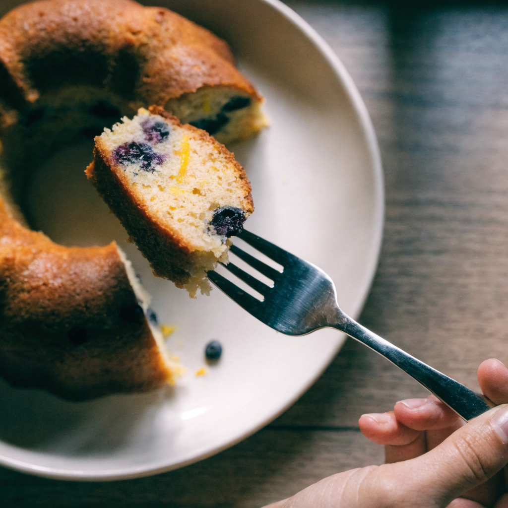Close-up of lemon blueberry bundt cake with lemon glaze