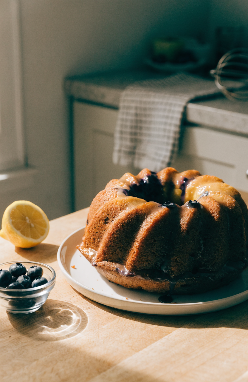 A sliced lemon blueberry bundt cake on a wire rack with glaze showing the crumb
