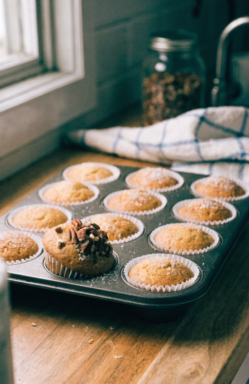 Tray of golden-brown morning glory muffins with pecan pieces and grated apple
