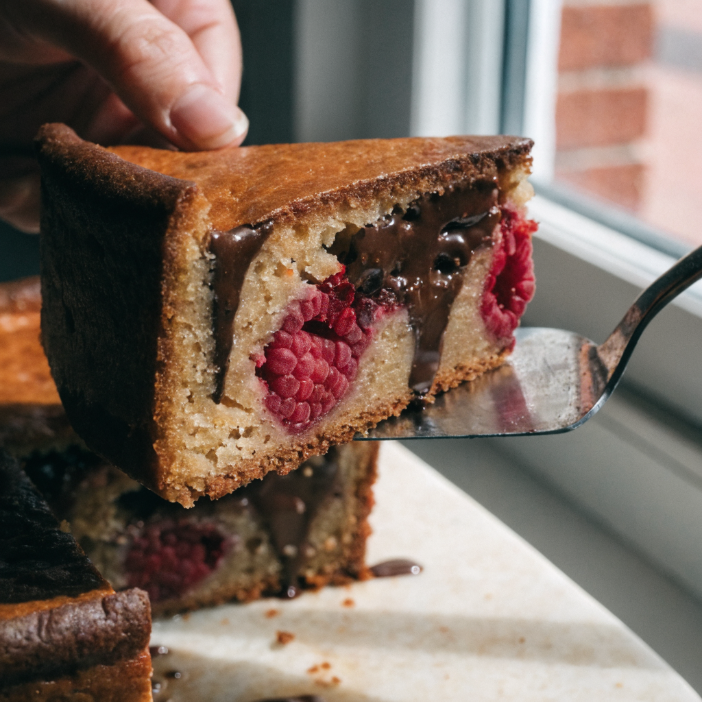 Close-up of raspberry dark chocolate banana bread