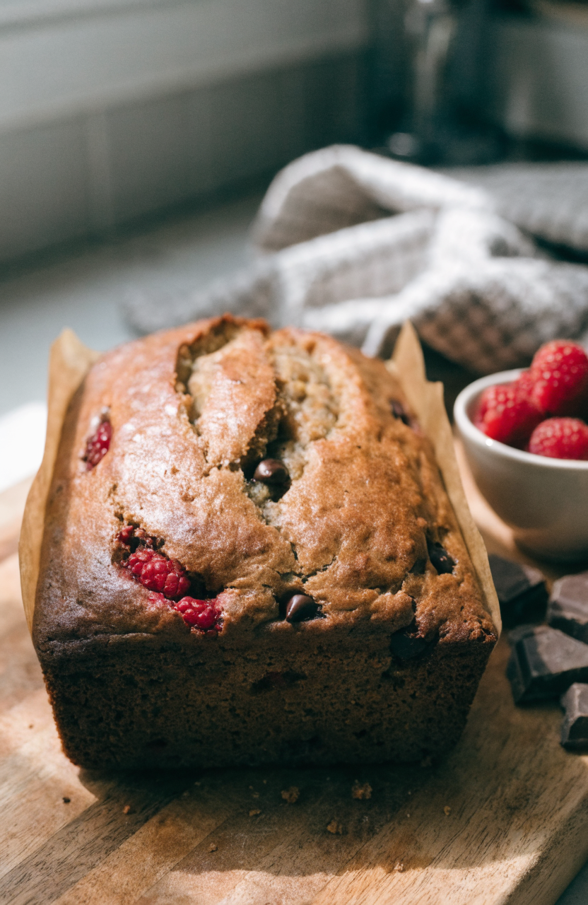 Loaf of raspberry dark chocolate banana bread sliced on a wooden board with raspberries and chocolate pieces