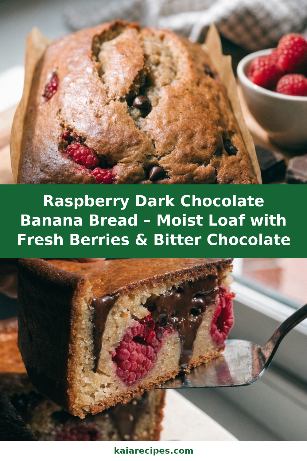 Raspberry Dark Chocolate Banana Bread – Moist Loaf with Fresh Berries & Bitter Chocolate Pinterest recipe pin