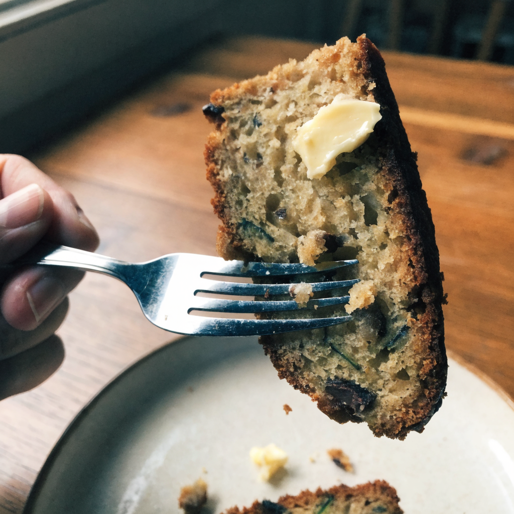 Close-up of best zucchini bread (moist, non-greasy loaf)