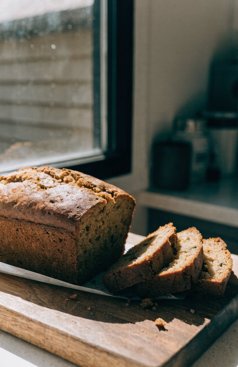 Sliced zucchini bread on a wooden board with visible crumb and a light dusting of sugar