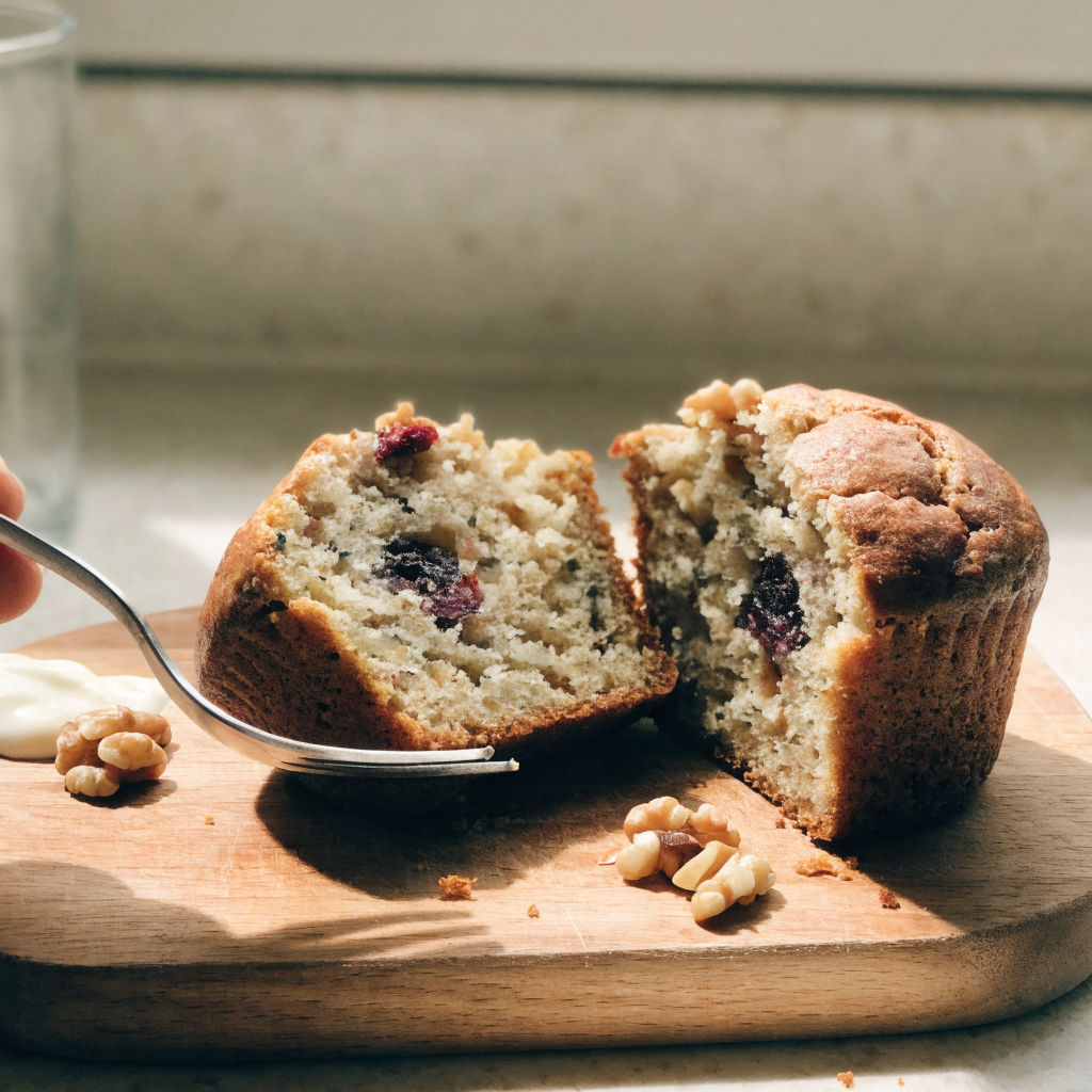 Close-up of zucchini bread muffins with walnuts and cranberries