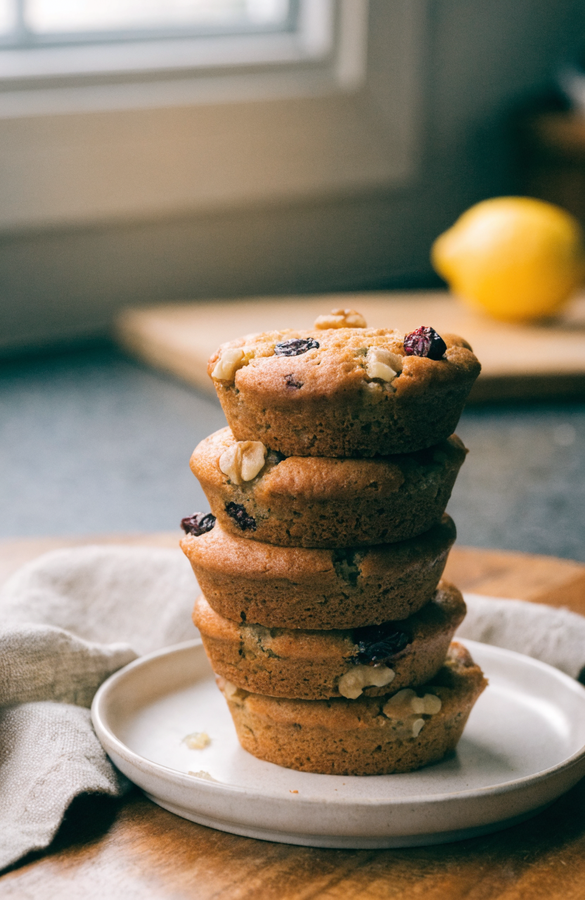 Zucchini bread muffins stacked on a ceramic plate with walnuts and cranberries
